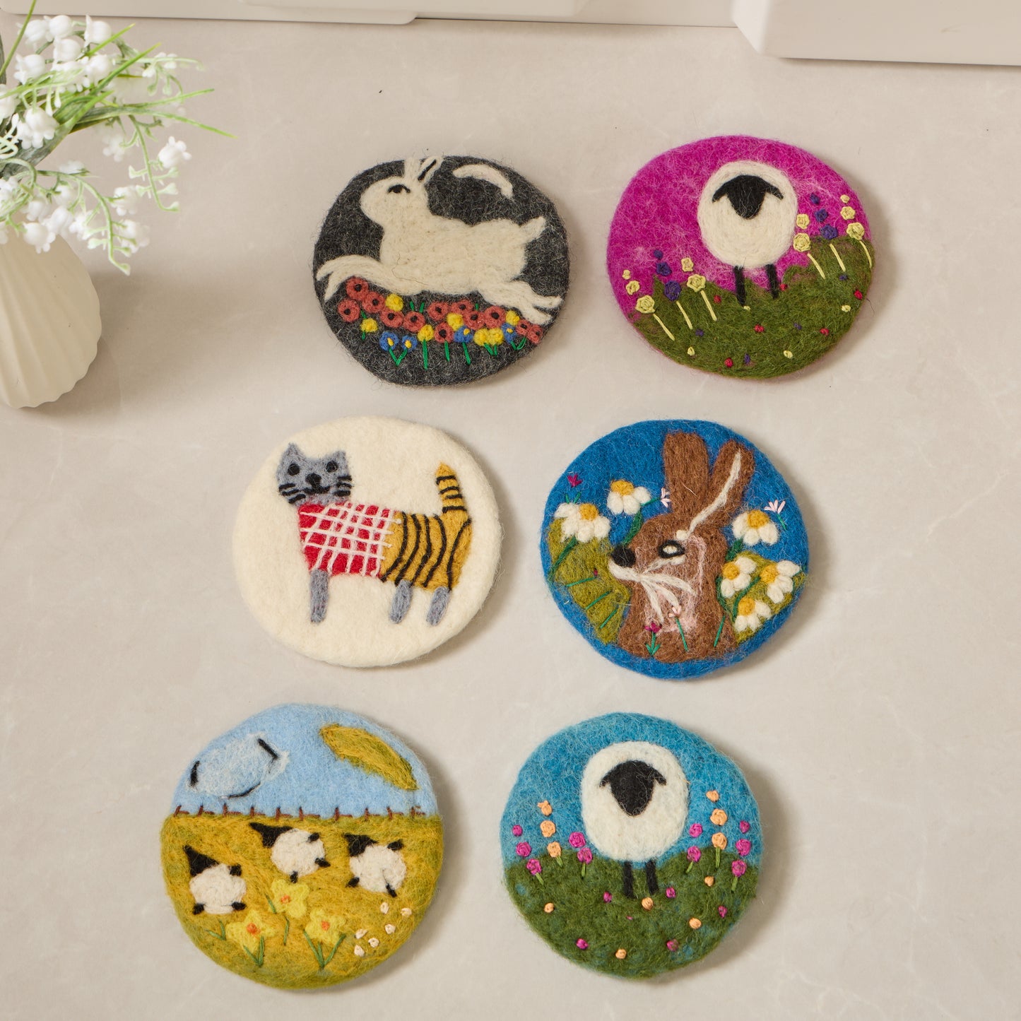 Wool Felt Coffee Cup Mug Table Mat Coasters - Sheep, Bunny, Cat