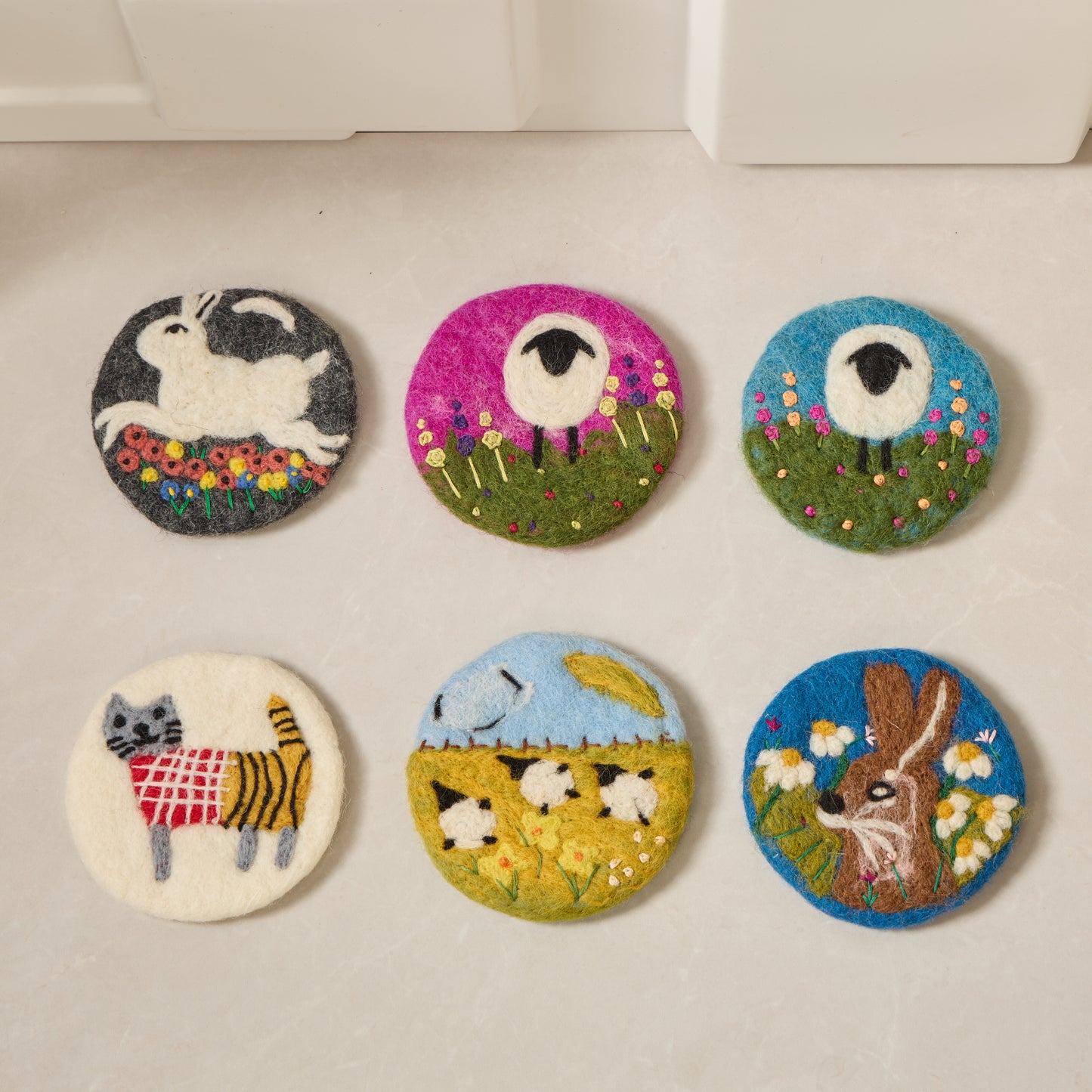 Wool Felt Coffee Cup Mug Table Mat Coasters - Sheep, Bunny, Cat