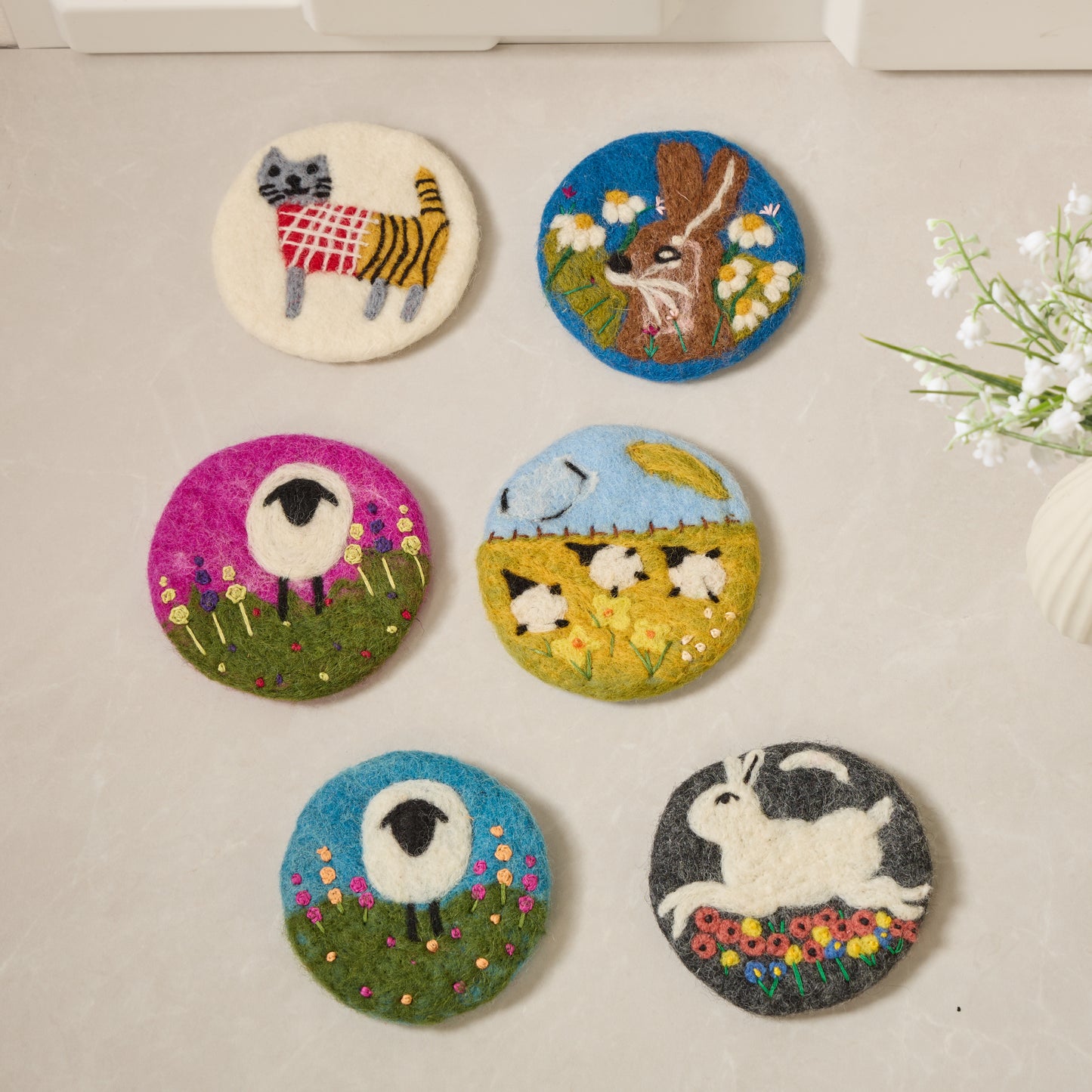 Wool Felt Coffee Cup Mug Table Mat Coasters - Sheep, Bunny, Cat