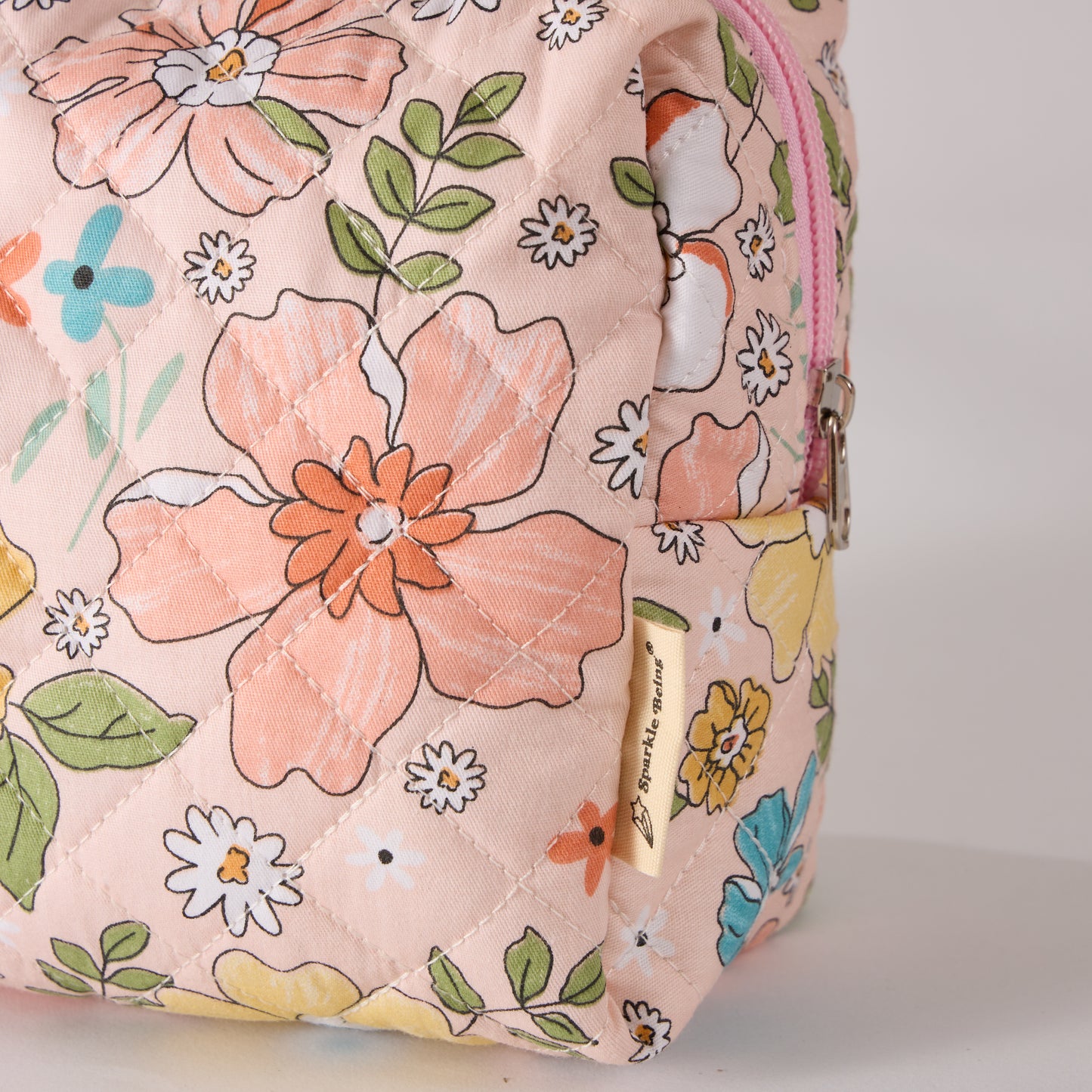 Bloom Floral Cosmetic Bag Quilted Makeup Pouch - Travel Toiletry Organizer