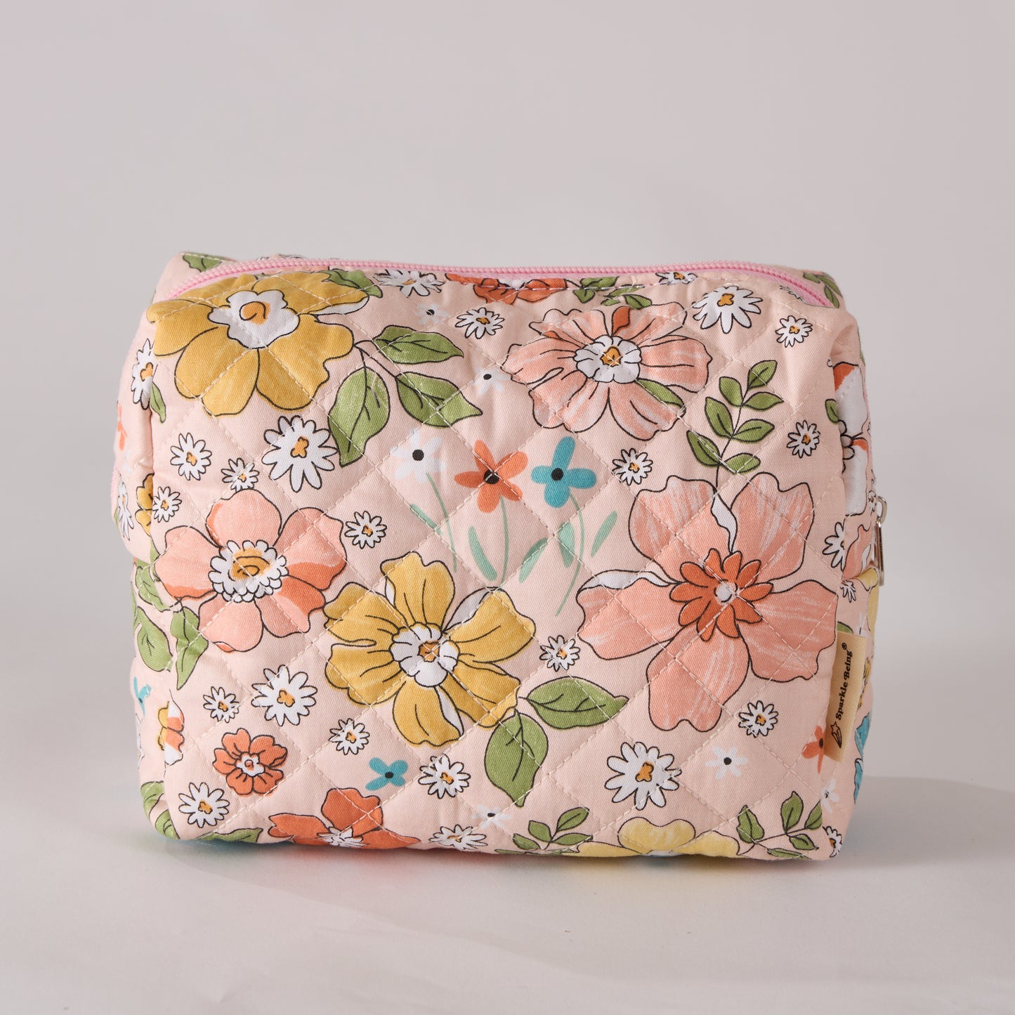 Bloom Floral Cosmetic Bag Quilted Makeup Pouch - Travel Toiletry Organizer