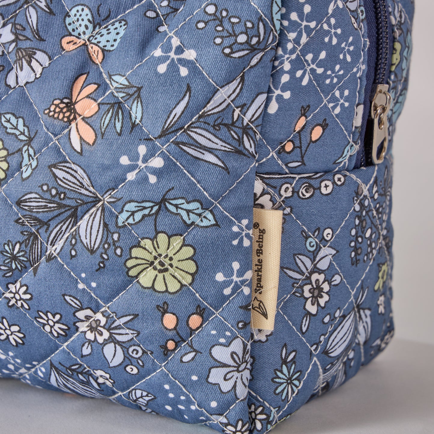 Whispering Flowers Quilted Makeup Bag - Small Pouch Travel Toiletry Organizer