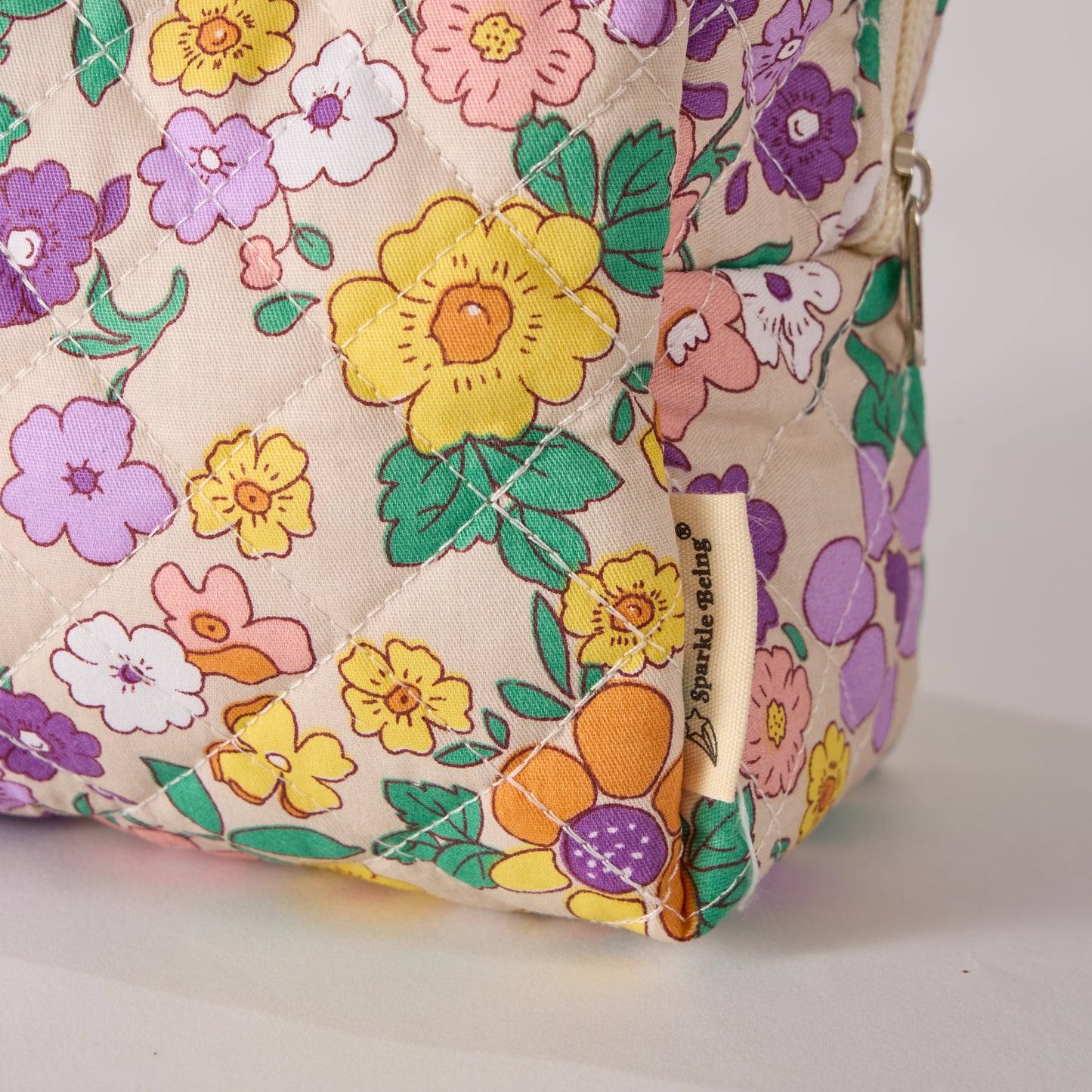 Petal Perfect Floral Quilted Makeup Bag - Small Pouch Travel Toiletry Organizer