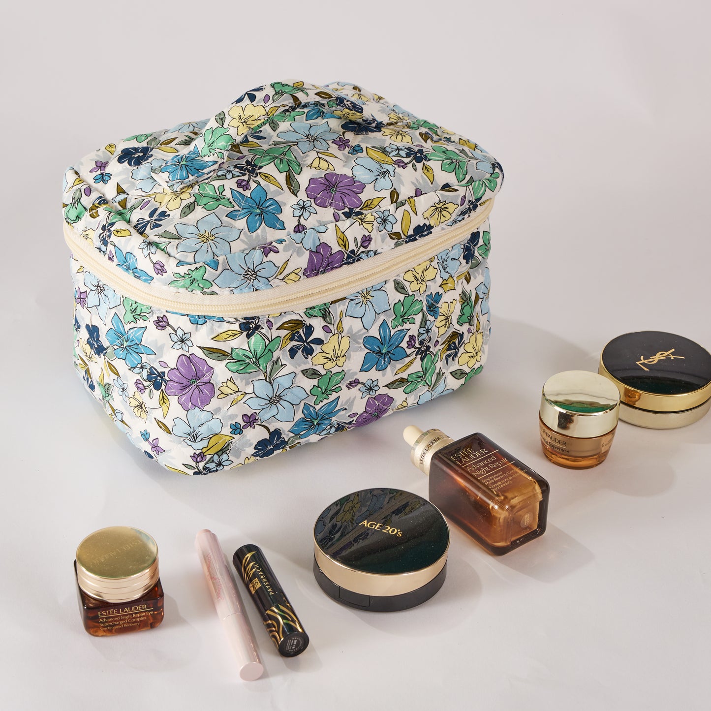 Meadow Magic Floral Quilted Makeup Bag - Small Pouch Travel Toiletry Organizer