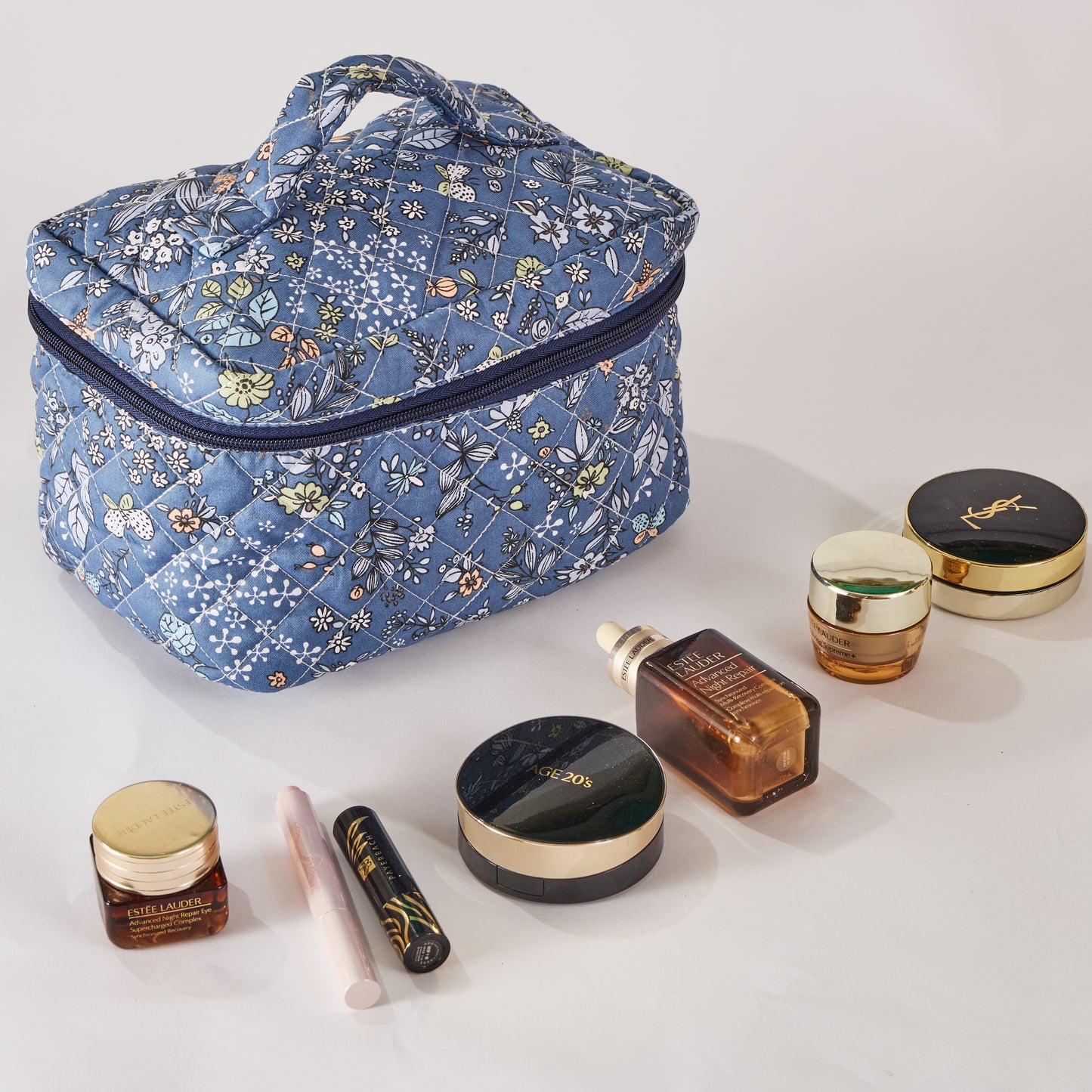 Whispering Flowers Quilted Makeup Bag - Small Pouch Travel Toiletry Organizer