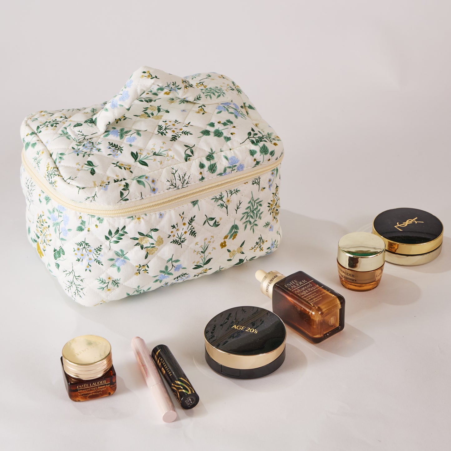 Garden Grace Floral Quilted Makeup Bag - Small Pouch Travel Toiletry Organizer