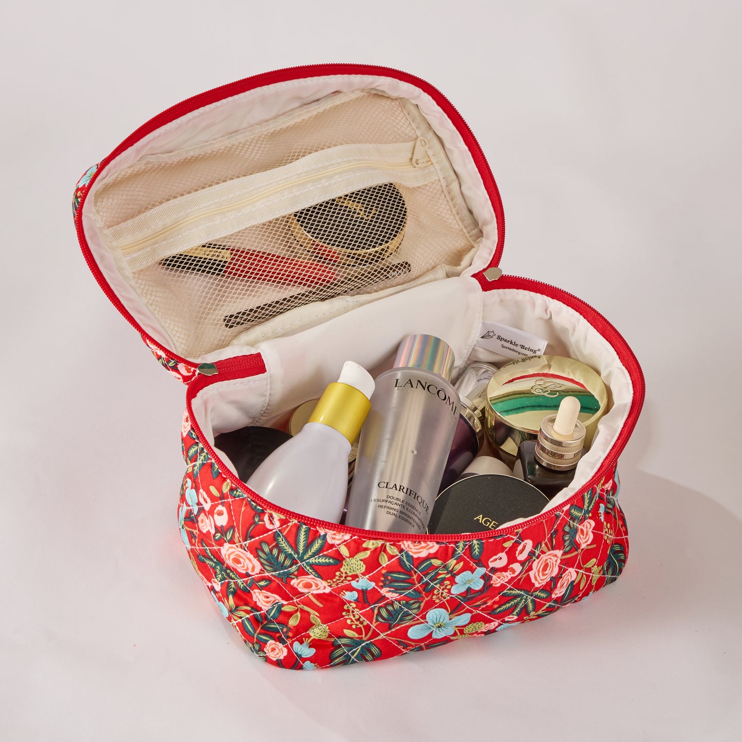 Nature's Bloom Floral Quilted Makeup Pouch - Travel-Friendly Cosmetic Bag