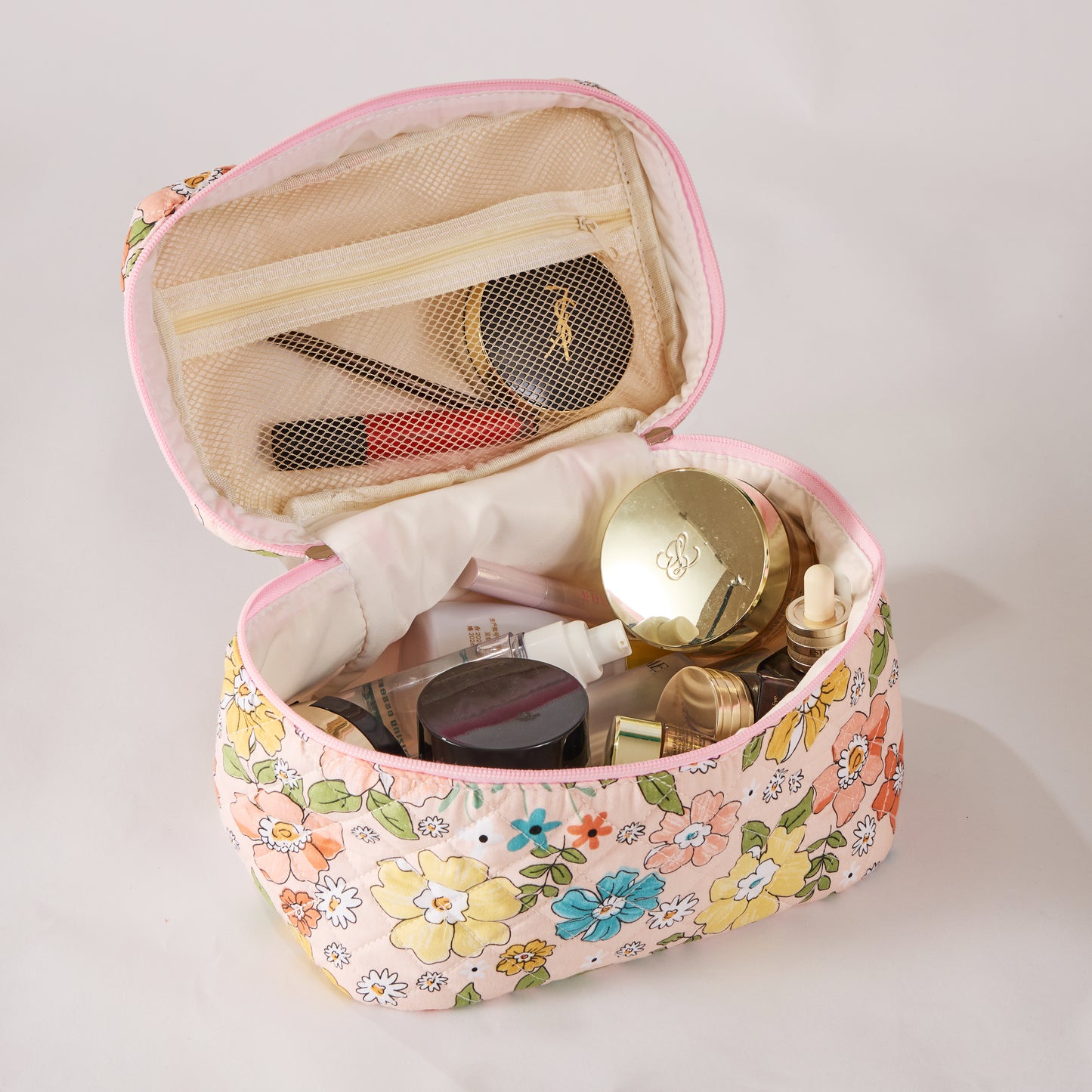 Bloom Floral Cosmetic Bag Quilted Makeup Pouch - Travel Toiletry Organizer