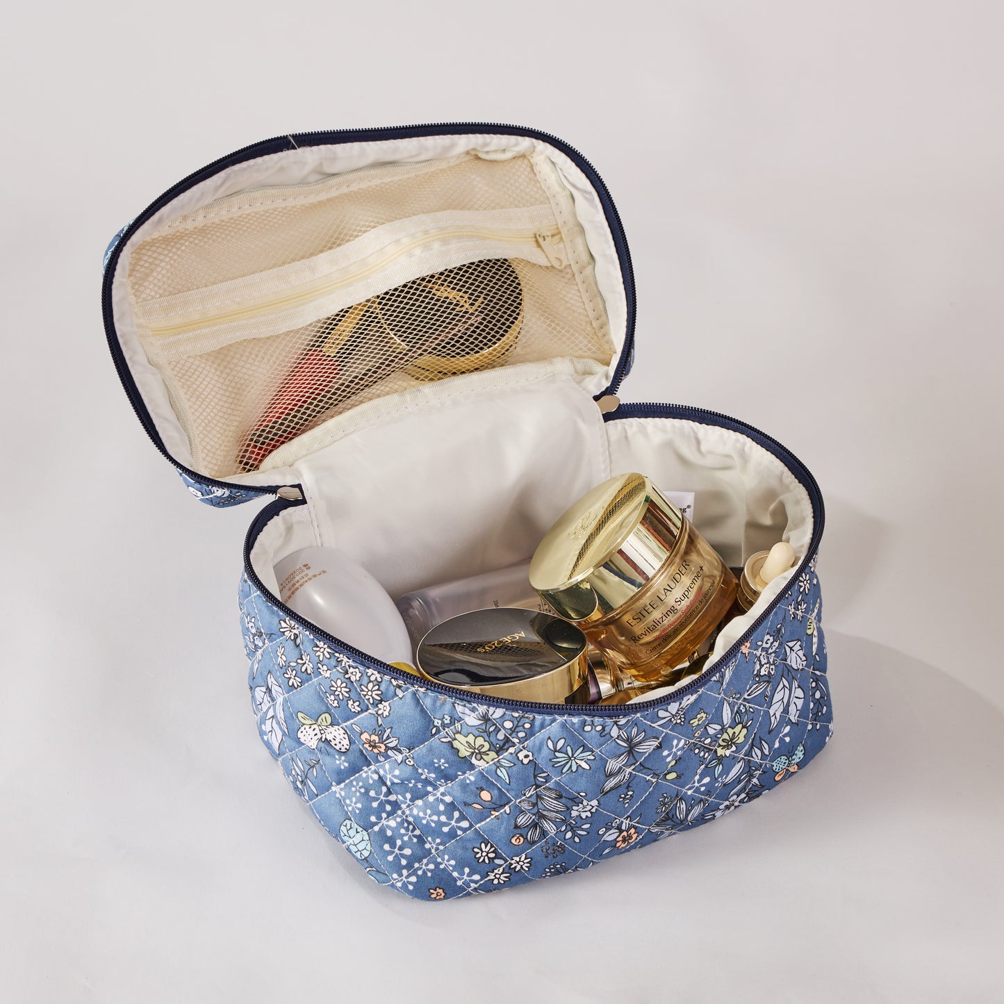 Whispering Flowers Quilted Makeup Bag - Small Pouch Travel Toiletry Organizer