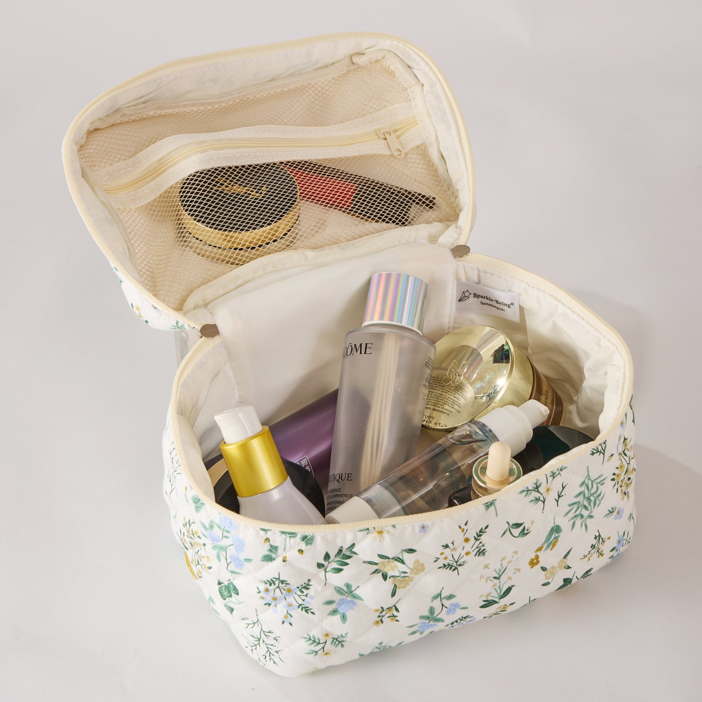 Garden Grace Floral Quilted Makeup Bag - Small Pouch Travel Toiletry Organizer