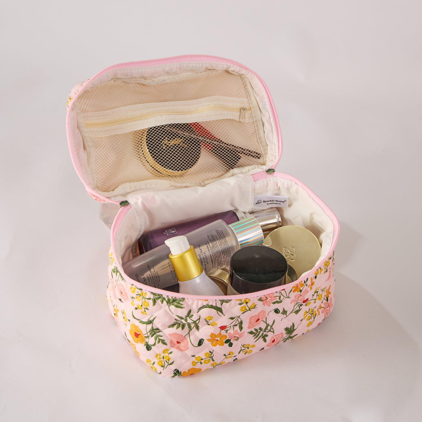 Flower Trail Floral Quilted Makeup Bag - Small Pouch Travel Toiletry Organizer
