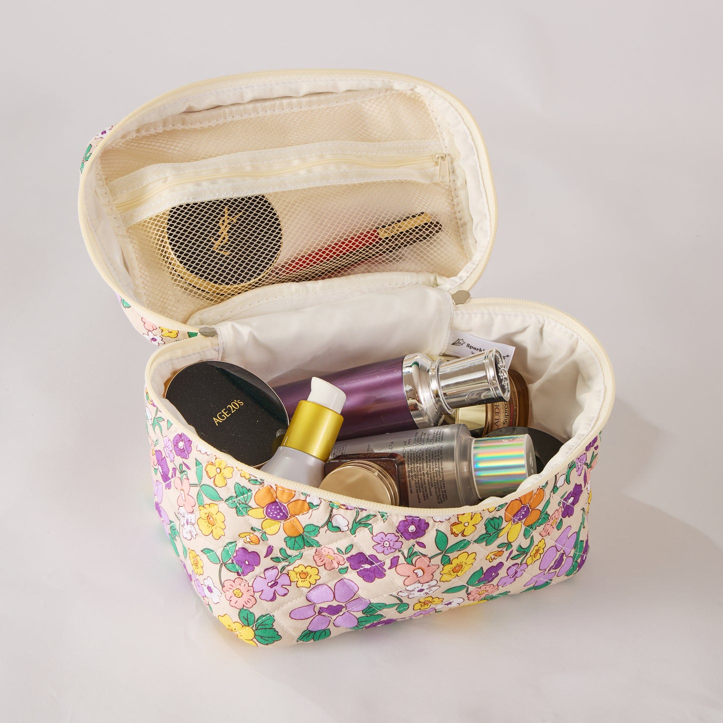 Petal Perfect Floral Quilted Makeup Bag - Small Pouch Travel Toiletry Organizer