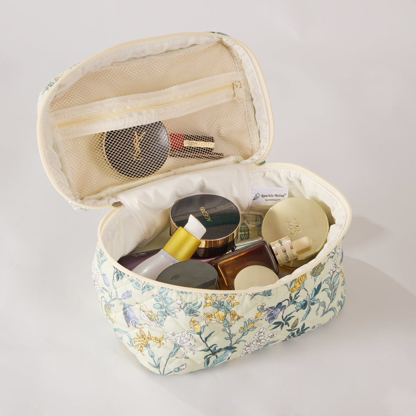 Spring Serenity Floral Quilted Makeup Bag - Small Pouch Travel Toiletry Organizer