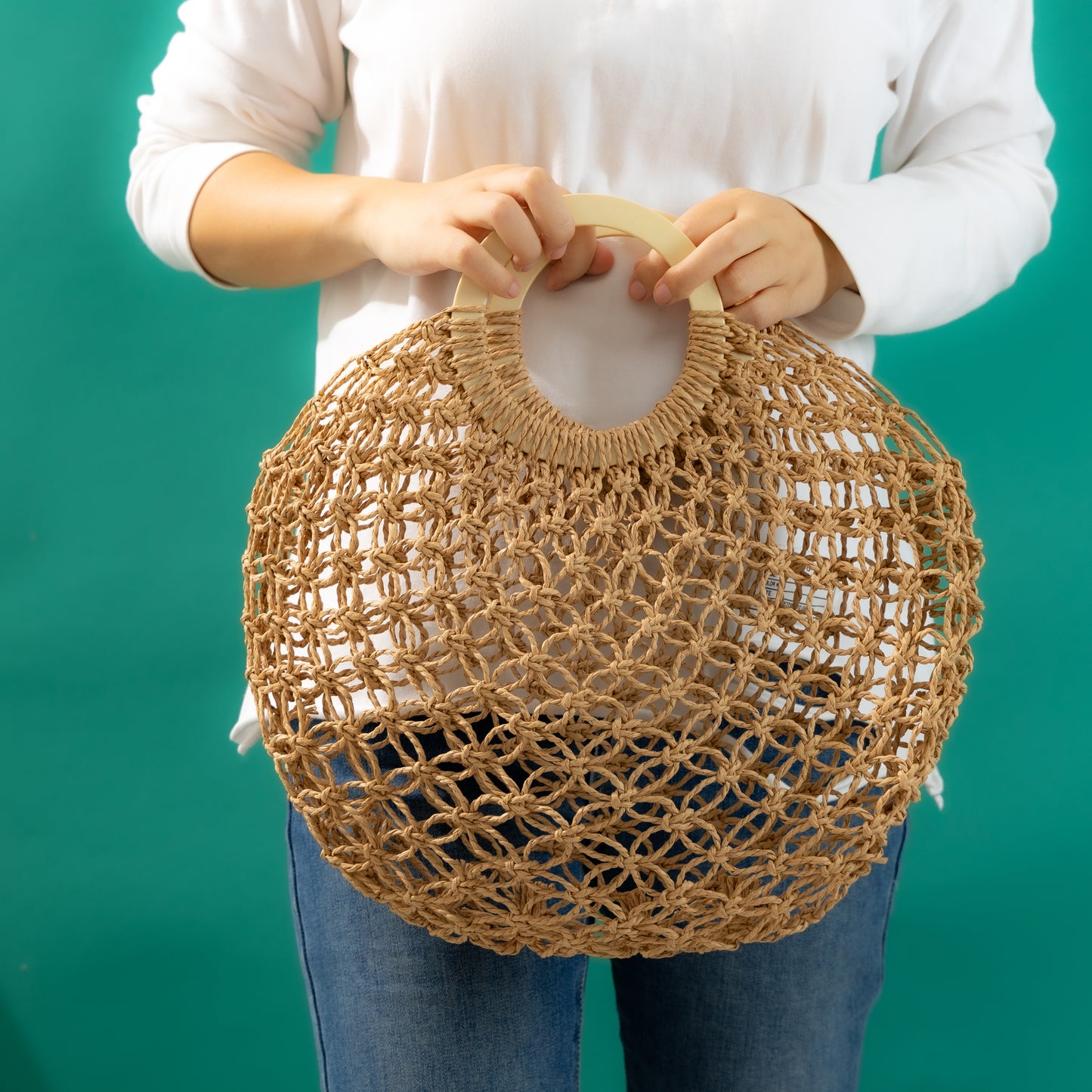 Boho Shopping Beach Woven Handbag with Wooden Handle