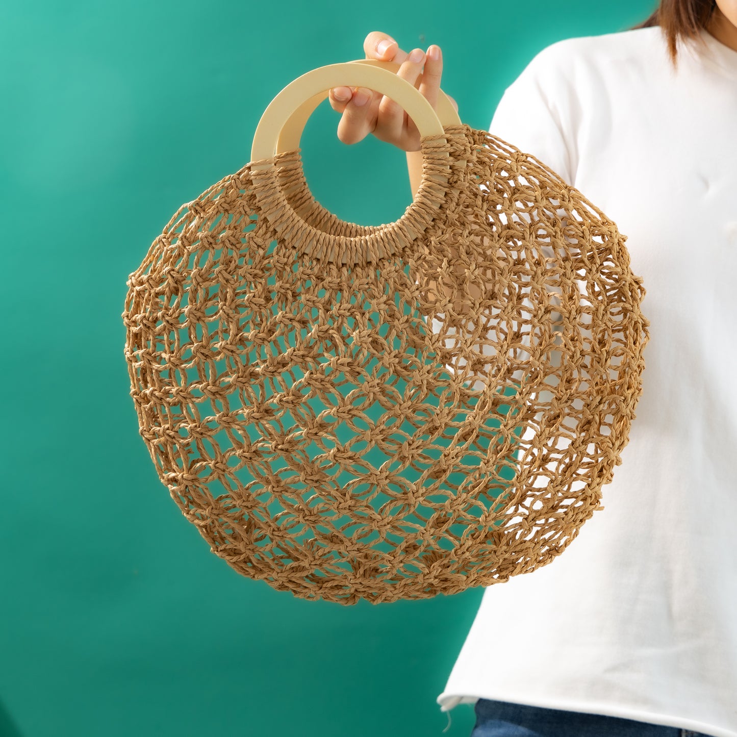 Boho Shopping Beach Woven Handbag with Wooden Handle