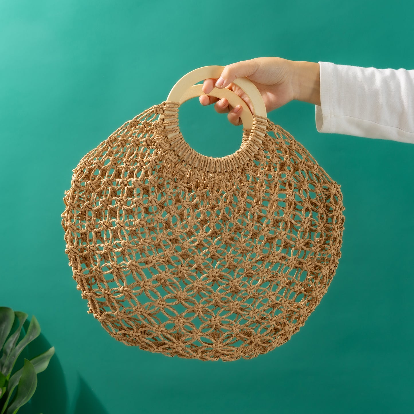 Boho Shopping Beach Woven Handbag with Wooden Handle