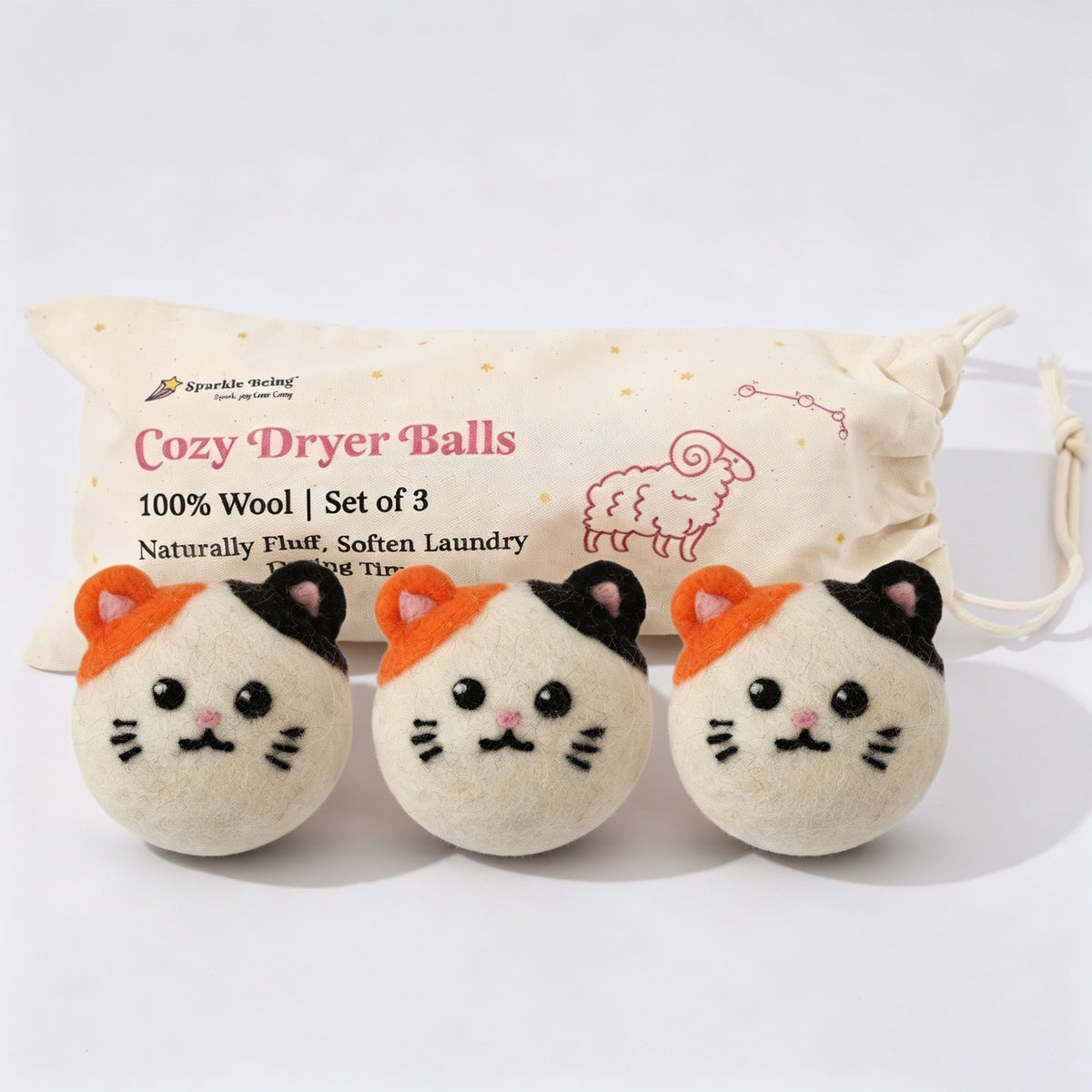 Calico Cat Wool Dryer Balls with 3D Ears – Set of 3