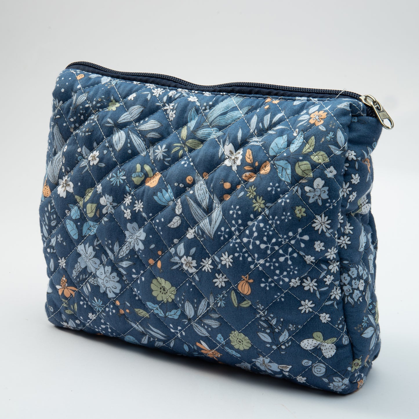 Whispering Flowers Quilted Makeup Bag - Small Pouch Travel Toiletry Organizer
