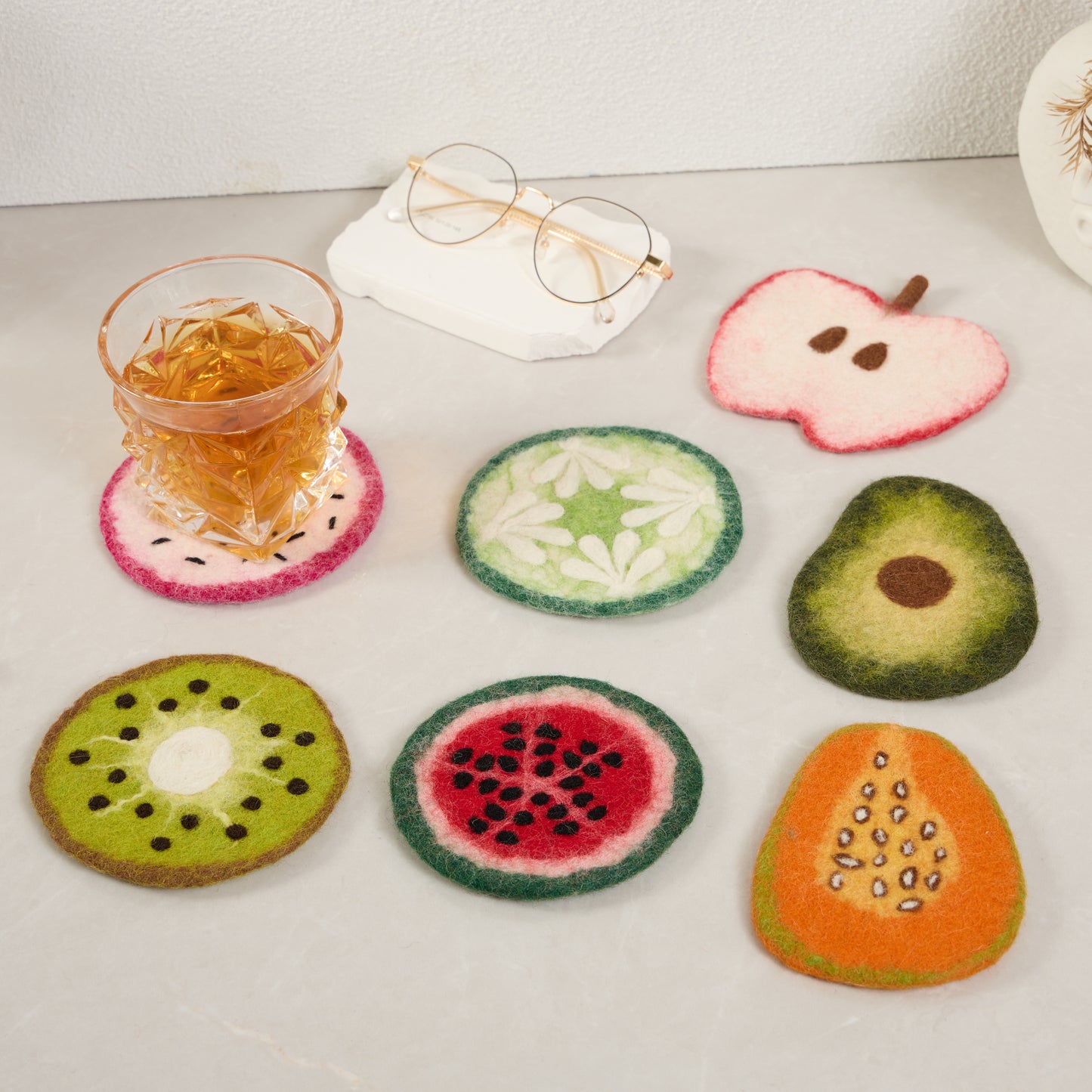 Hand-craft Wool Felt Fruits Coasters - Avocado, Apple, Kiwi, Lemon