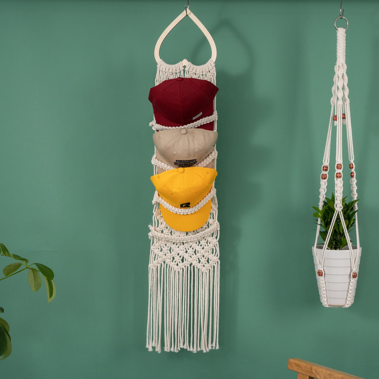 Handmade Macrame Baseball Cap Hanger, Wall Mounted Hat Display Rack