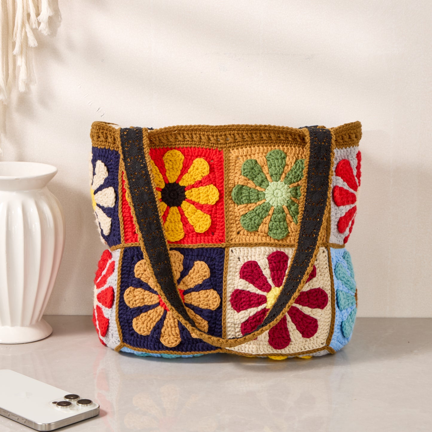 Handmade Boho Colorful Granny Square Crochet Shoulder Bag - Sunny