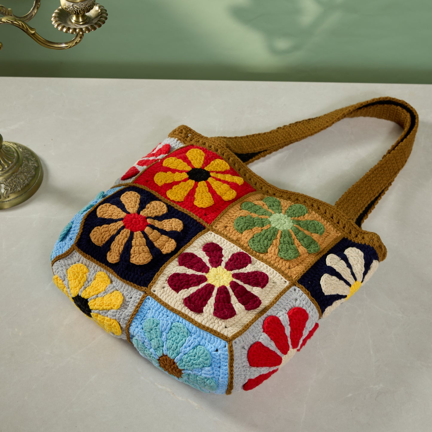 Handmade Boho Colorful Granny Square Crochet Shoulder Bag - Sunny