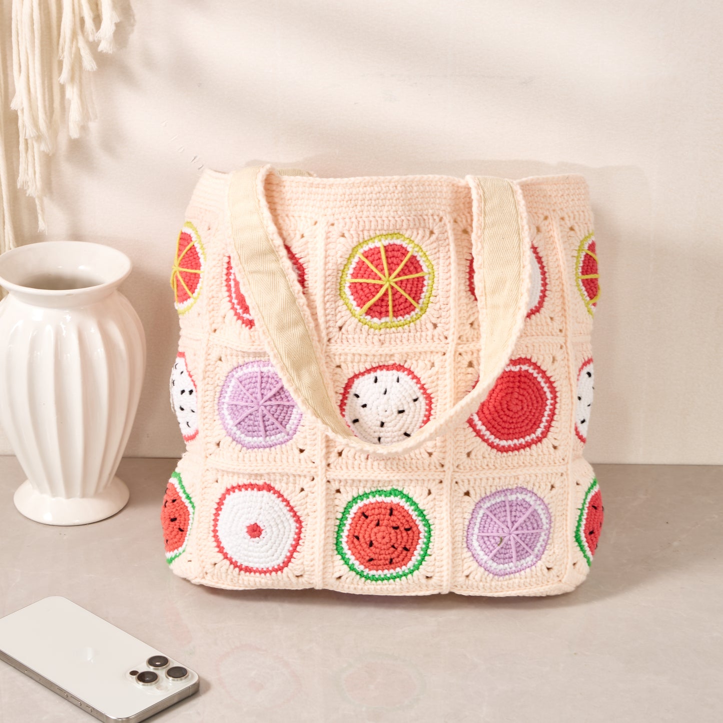 Handmade Boho Colorful Granny Square Crochet Shoulder Bag - Lemon