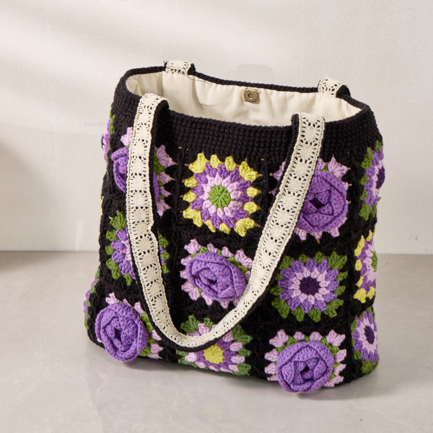 Handmade Boho Colorful Granny Square Crochet Shoulder Bag - Peony