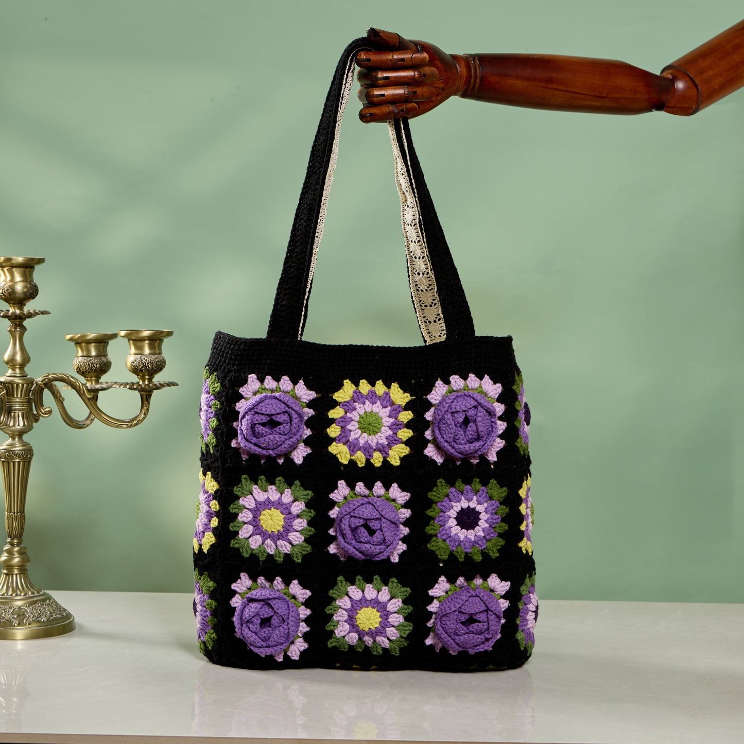 Handmade Boho Colorful Granny Square Crochet Shoulder Bag - Peony