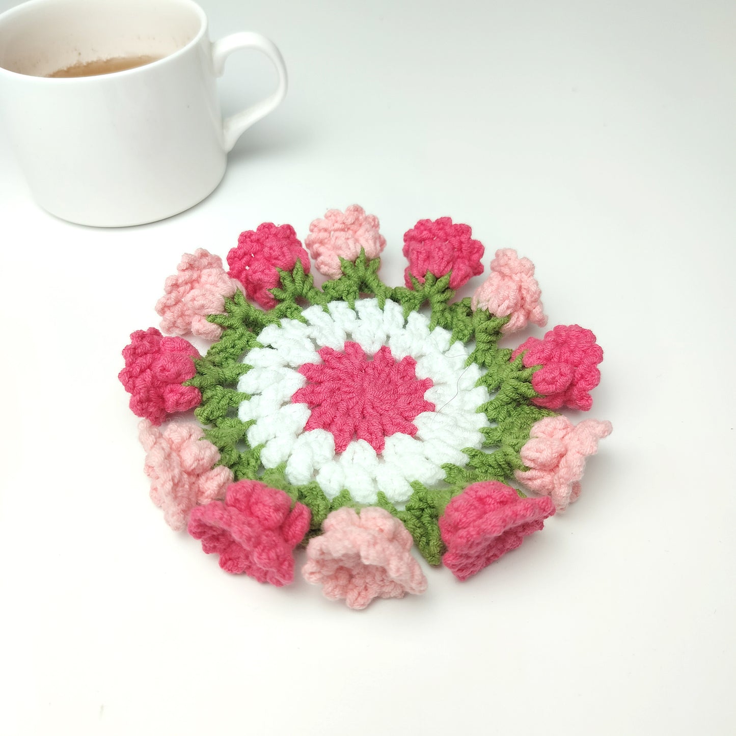 Handmade Crochet Flower Coaster – Yarn Coffee Mug Mat, Cute Knit Drink Pad