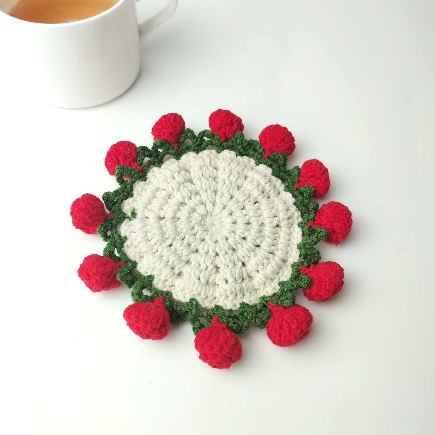Handmade Crochet Flower Coaster – Yarn Coffee Mug Mat, Cute Knit Drink Pad