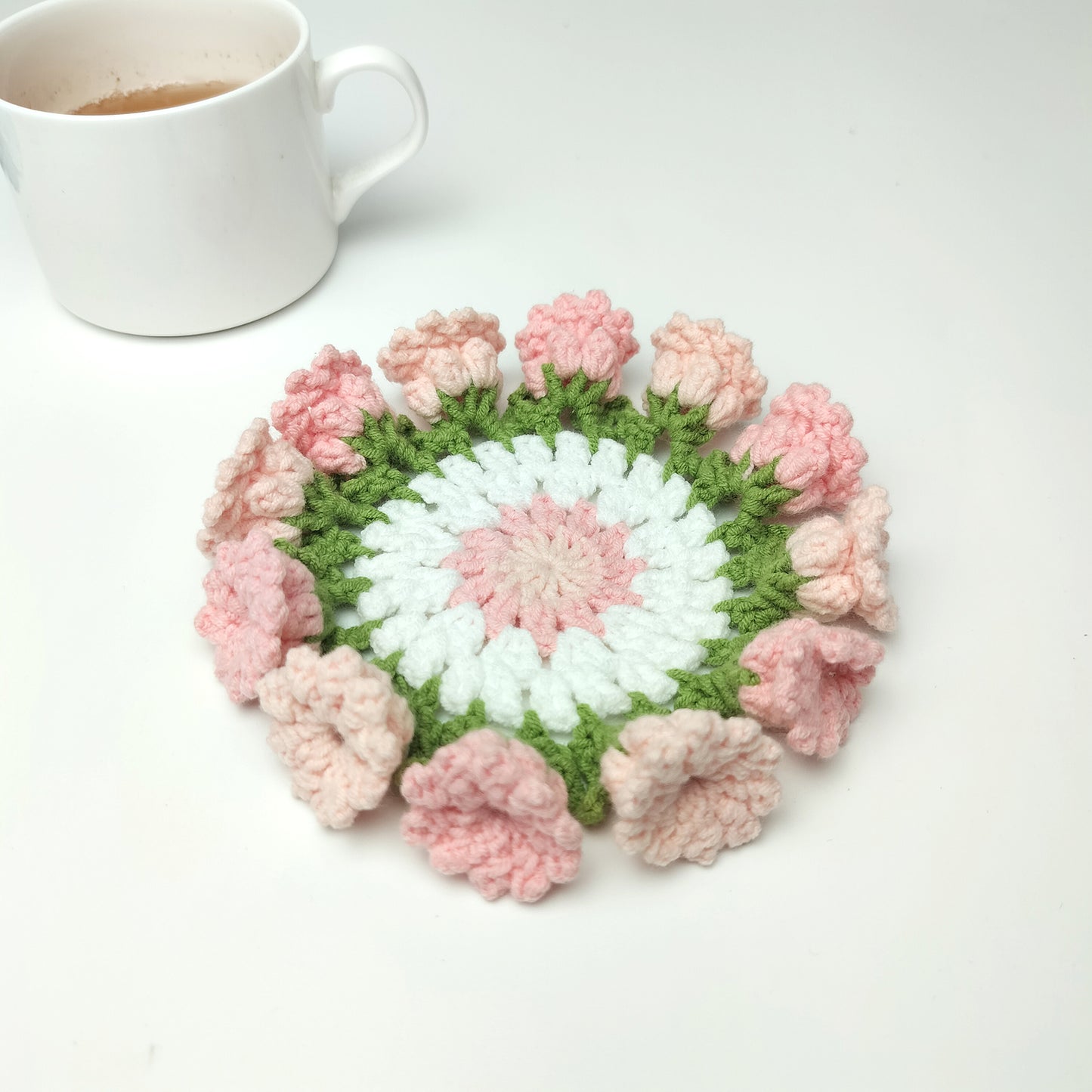 Handmade Crochet Flower Coaster – Yarn Coffee Mug Mat, Cute Knit Drink Pad