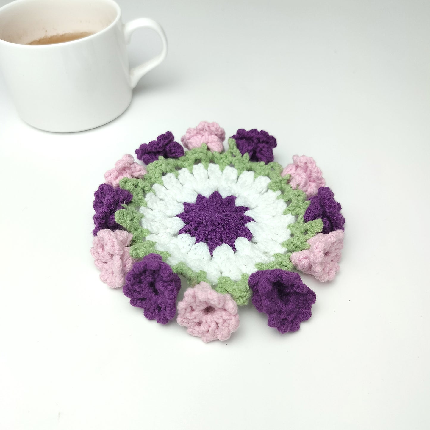 Handmade Crochet Flower Coaster – Yarn Coffee Mug Mat, Cute Knit Drink Pad