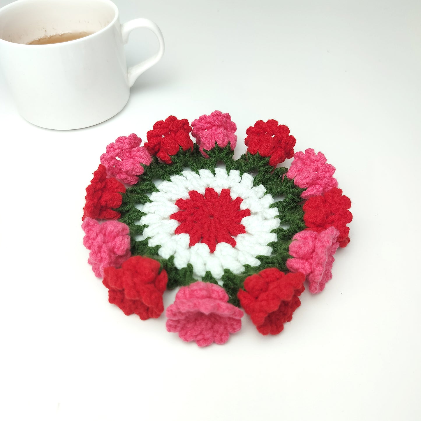 Handmade Crochet Flower Coaster – Yarn Coffee Mug Mat, Cute Knit Drink Pad