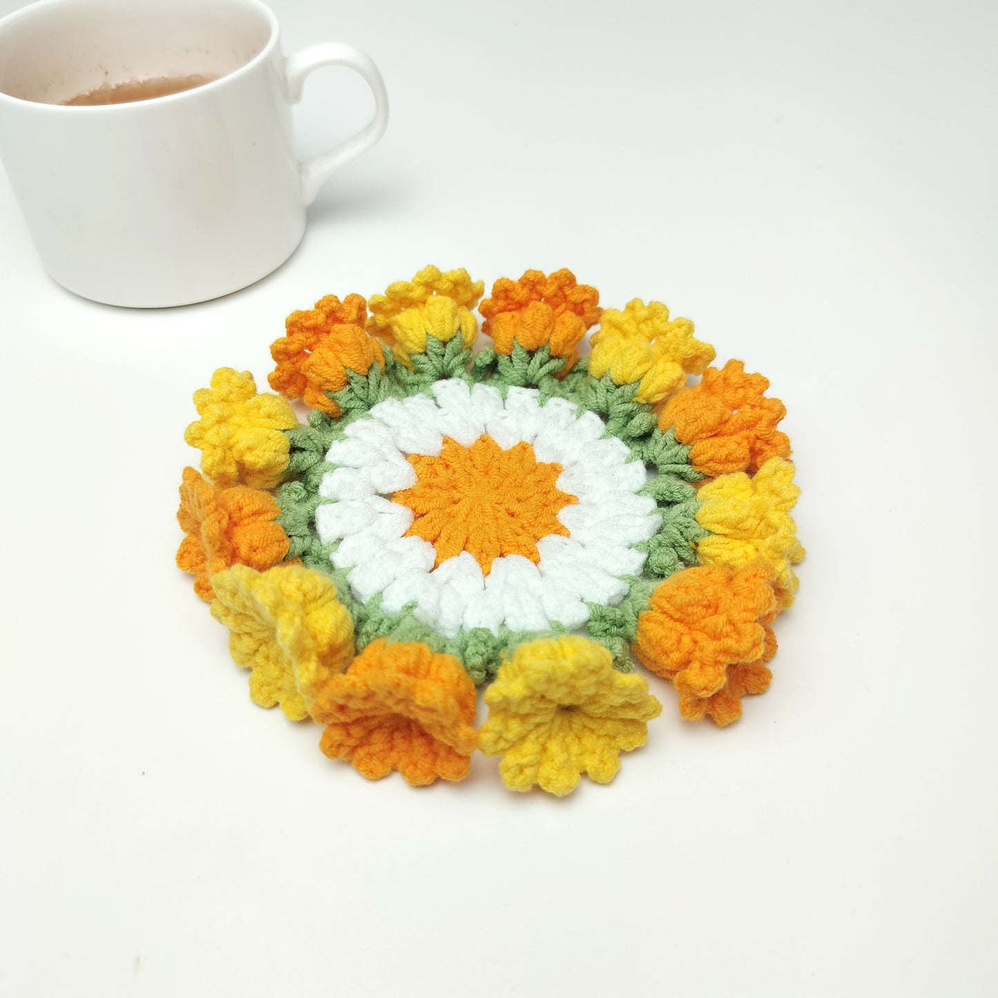 Handmade Crochet Flower Coaster – Yarn Coffee Mug Mat, Cute Knit Drink Pad