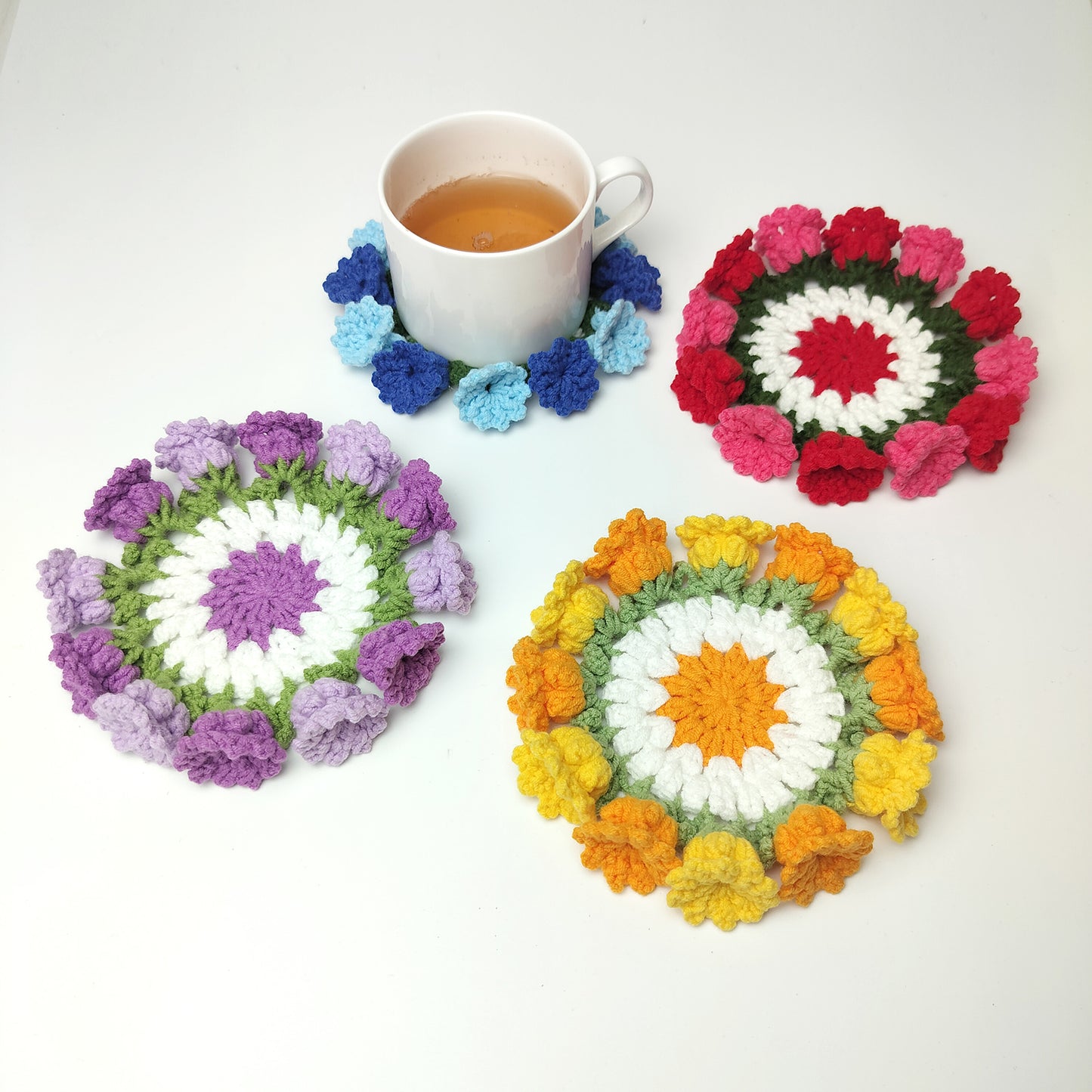 Handmade Crochet Flower Coaster – Yarn Coffee Mug Mat, Cute Knit Drink Pad