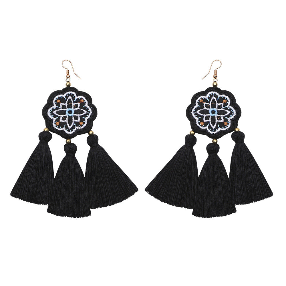 Black Tassel Statement Earrings – Embroidered Floral Boho Dangles
