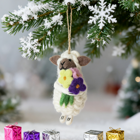 Handmade Wool Felt Sheep Ornament with Flowers