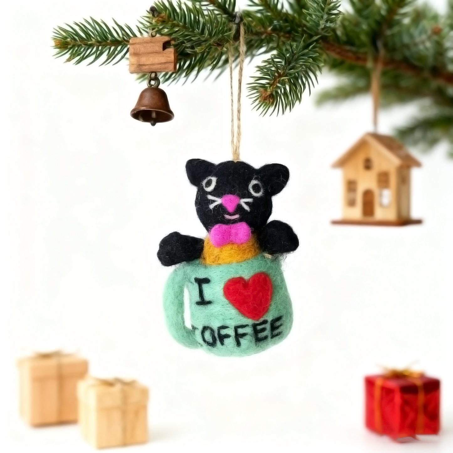 Handmade Wool Felt Black Cat in Mug Ornament