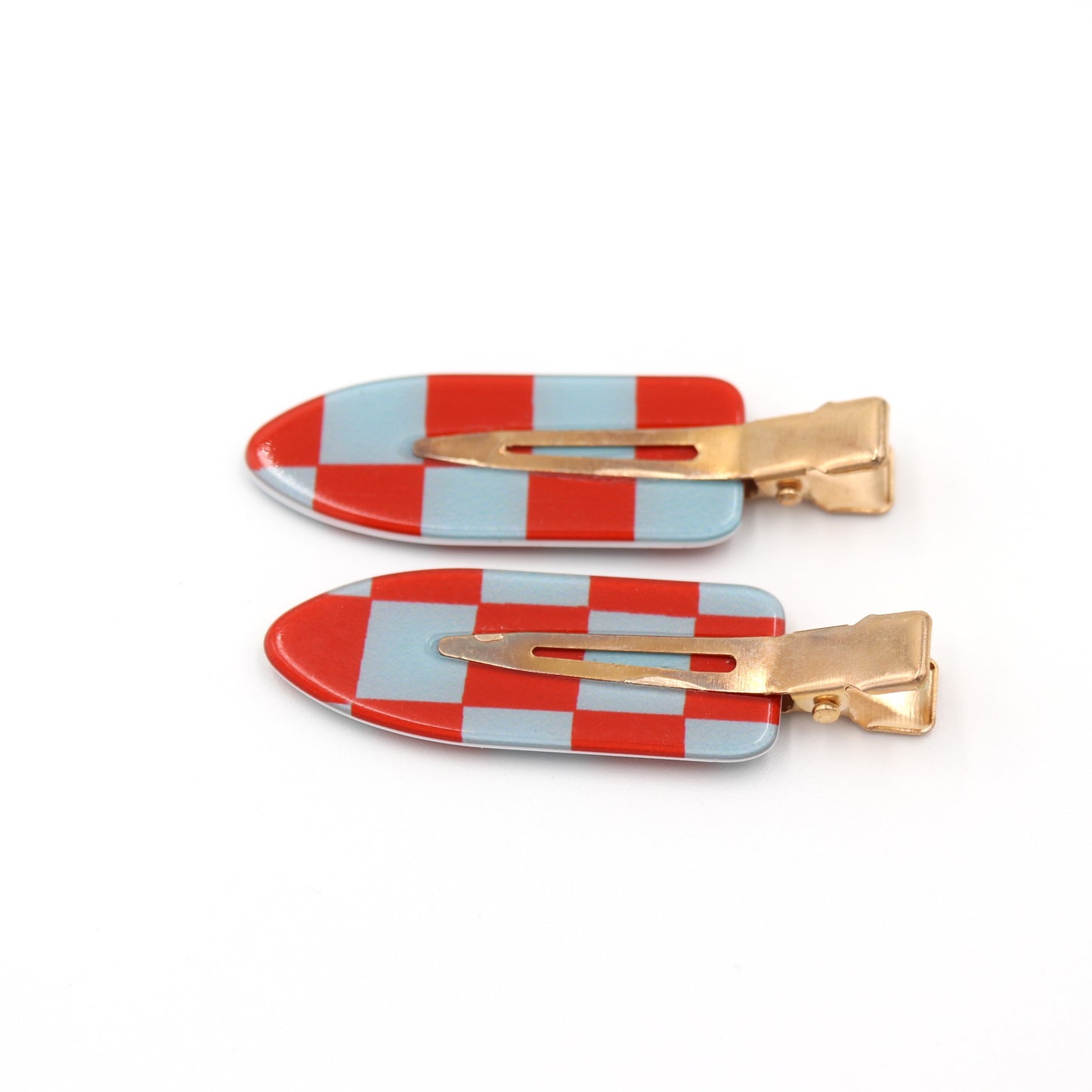 Checkered Hair Clip & Slide - Barrette Set Of 2 (Red)