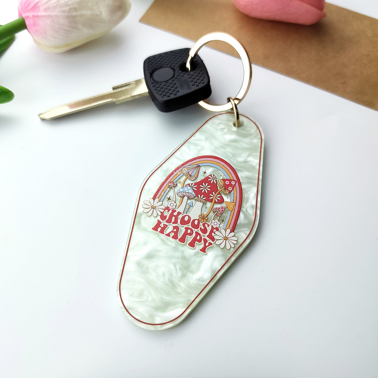 Choose Happy Motel Keychain - Vintage Nostalgia Motivational Hotel Keychain