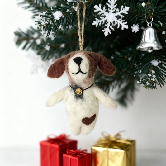 Handmade Poppy Dog Wool Felt Christmas Ornament - Artisan Crafted in Nepal