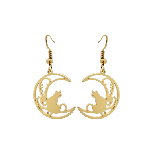 Stainless Steel Drop Earrings - Crescent Moon and Cat