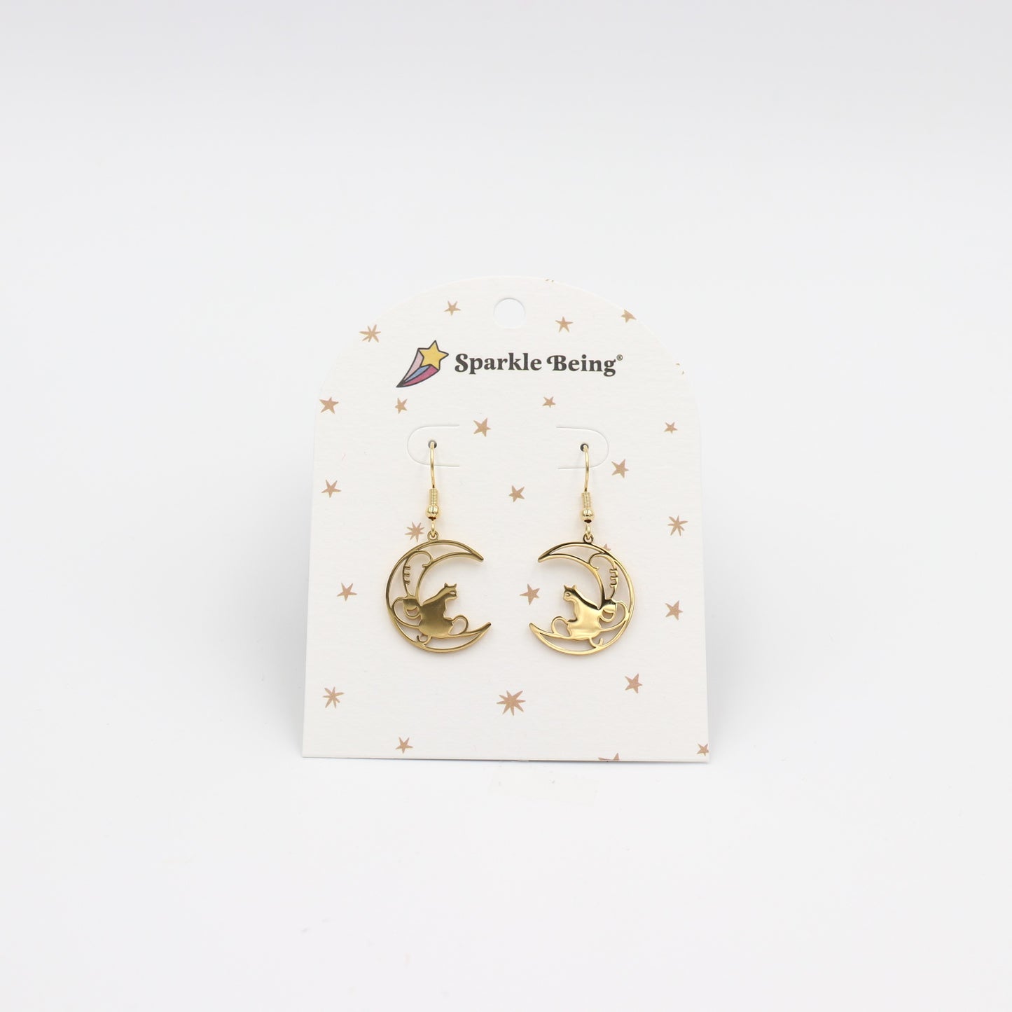 Stainless Steel Drop Earrings - Crescent Moon and Cat