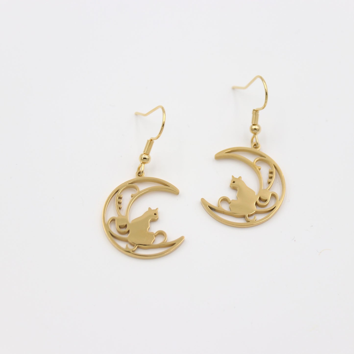 Stainless Steel Drop Earrings - Crescent Moon and Cat