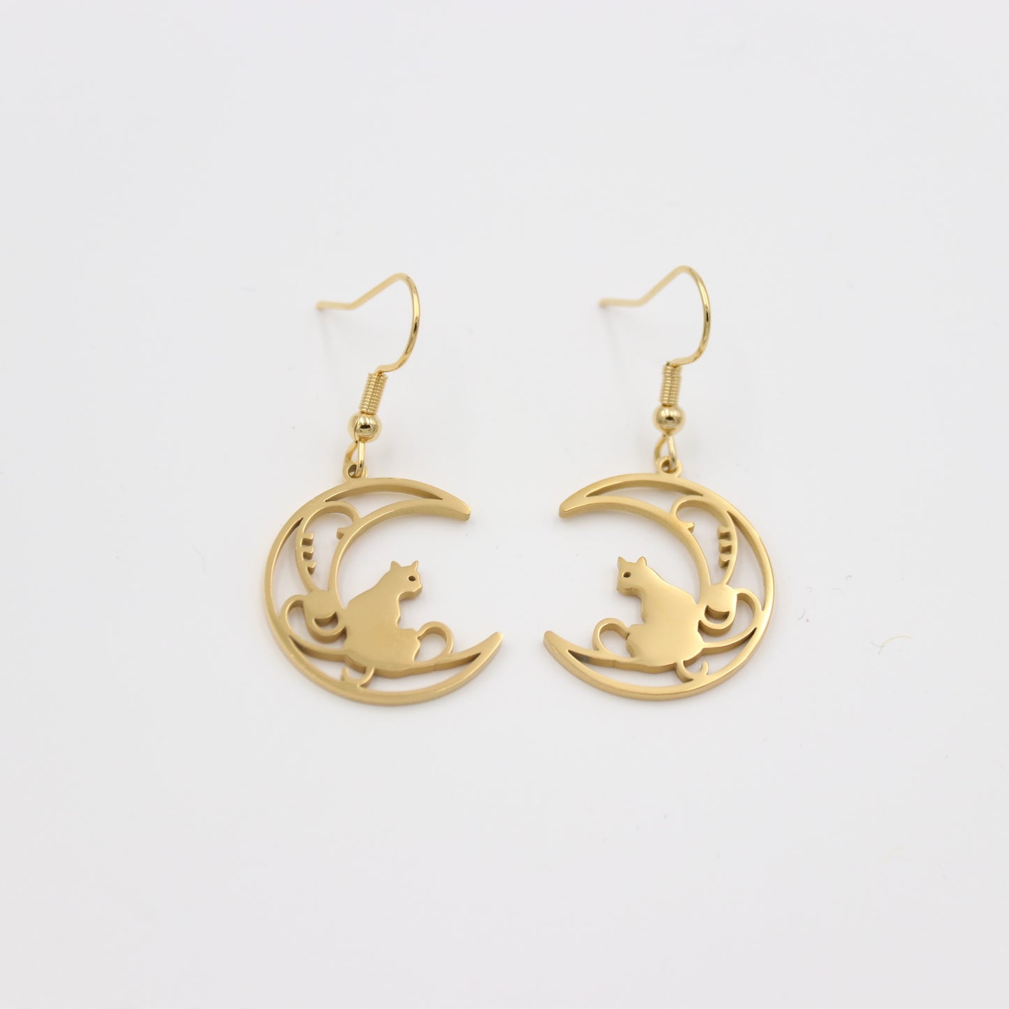 Stainless Steel Drop Earrings - Crescent Moon and Cat