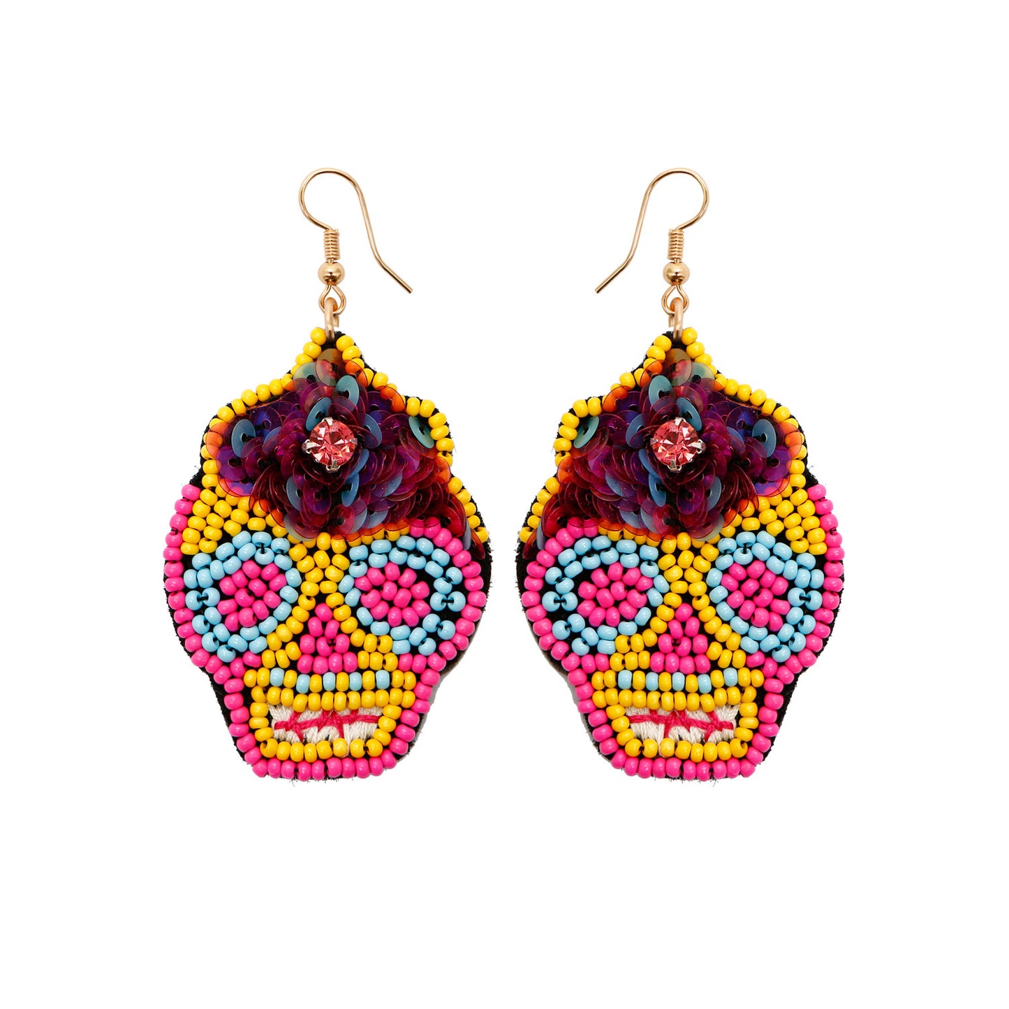 Multicolor Beaded Sugar Skull Earrings – Statement Day of the Dead Dangles