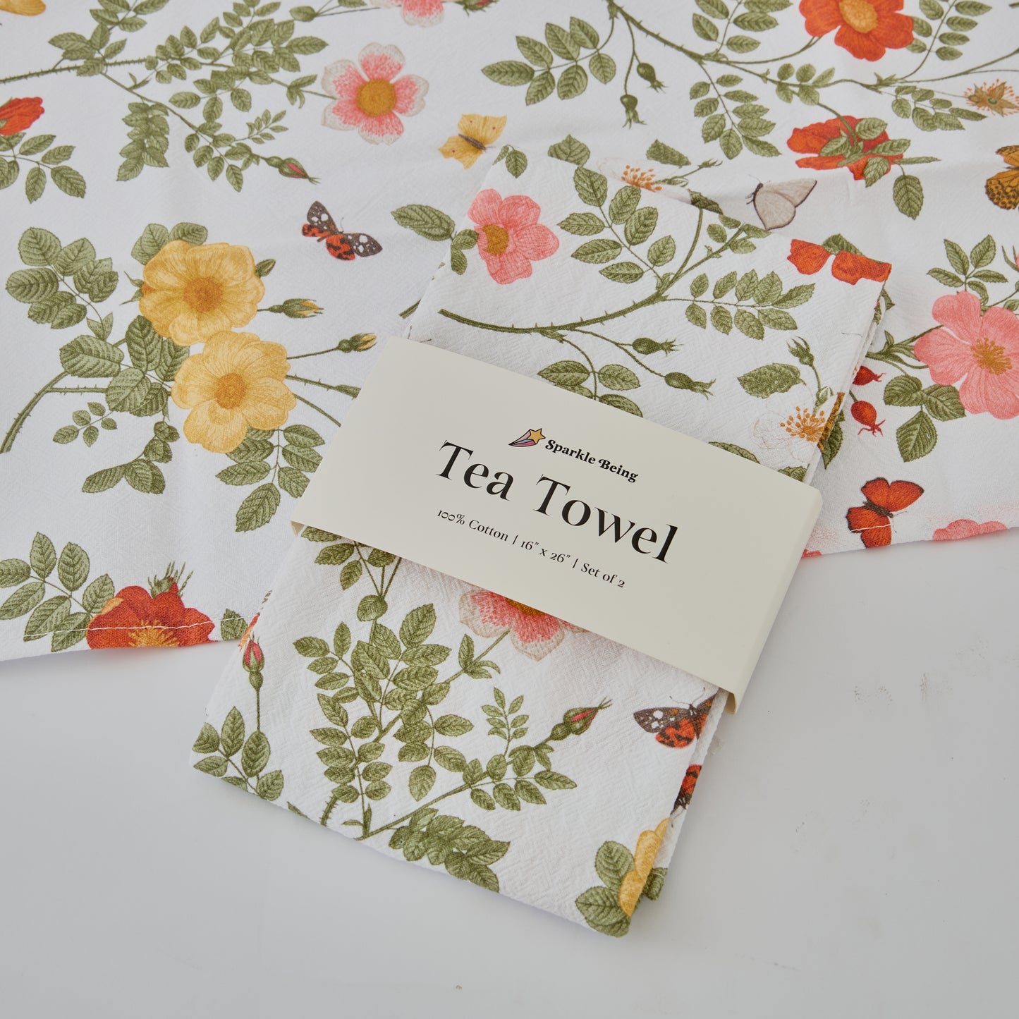 Cotton Tea Towels – Wild Roses with Butterflies Set of 2 | Floral Botanical Dish Towels