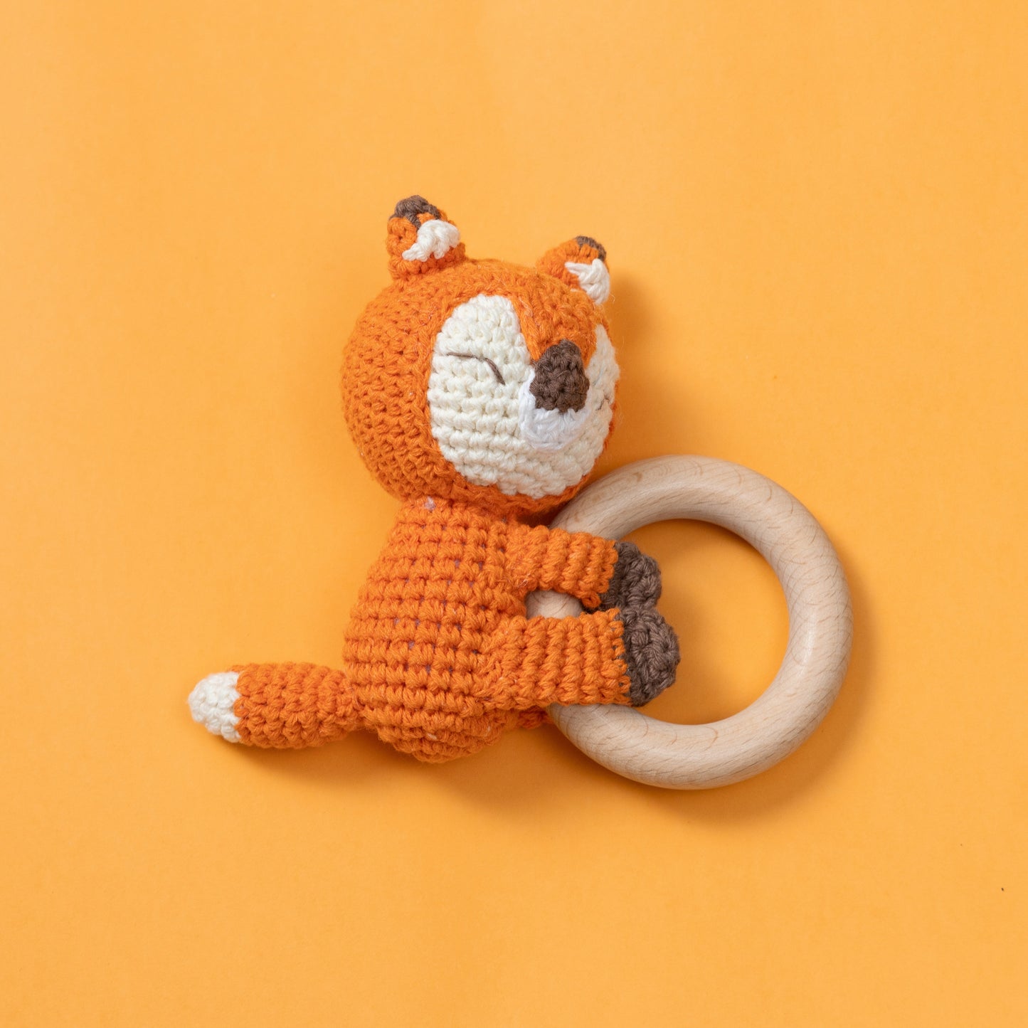 Wooden Baby Rattle Crochet Toy - Sleeping Fox