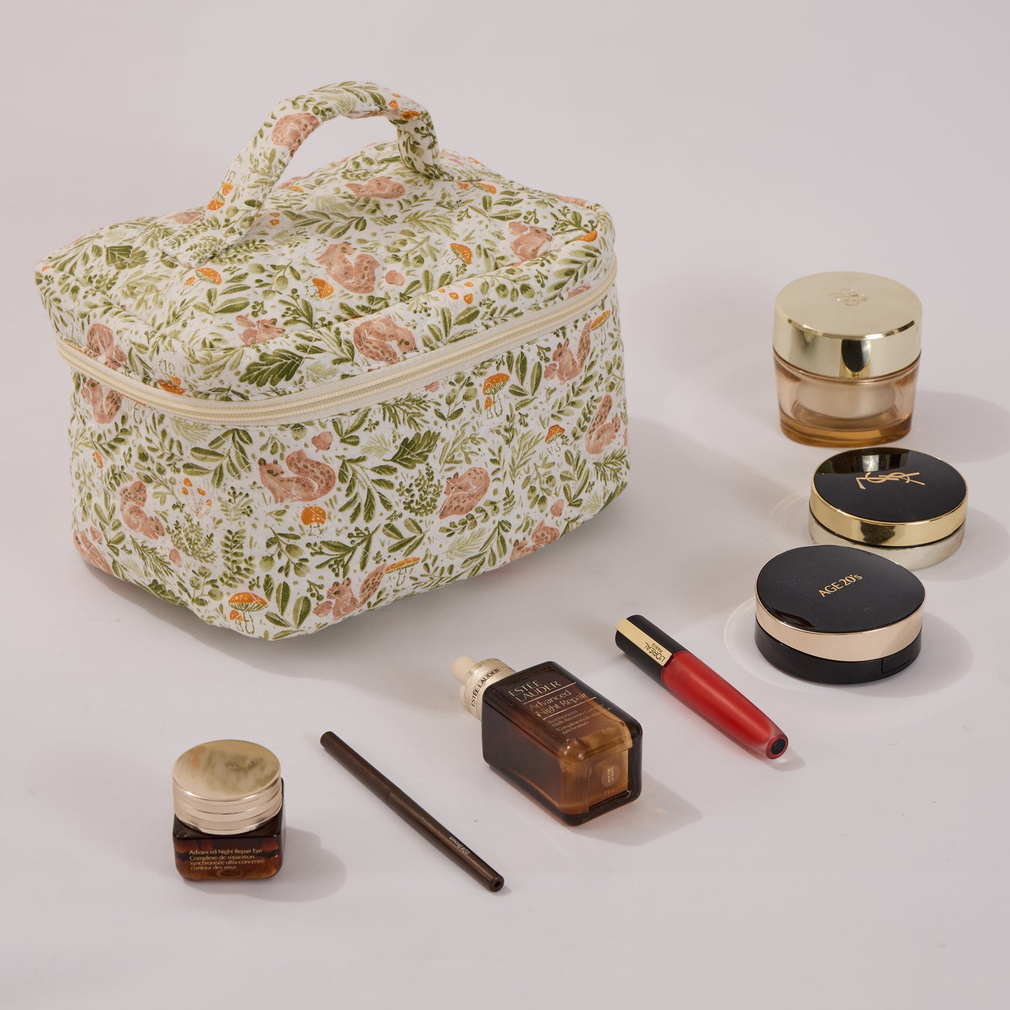 Forest Friends Botanical Quilted Makeup Bag - Small Pouch Travel Toiletry Organizer